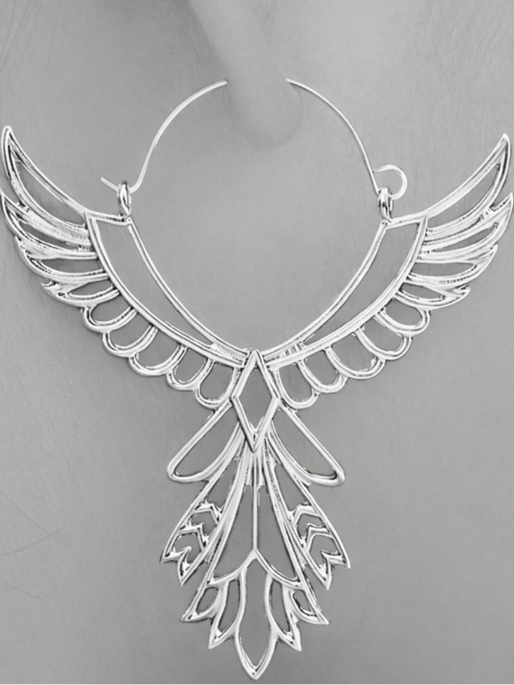 “Thunderbird” Phoenix Silver Guardian Angel Festival Native American Wing Hoops - Picture 1 of 13